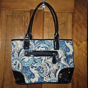 Cato Paisley Turquois Tan Blue and Black Accent Large Purse‎ Bag 18" x 10"